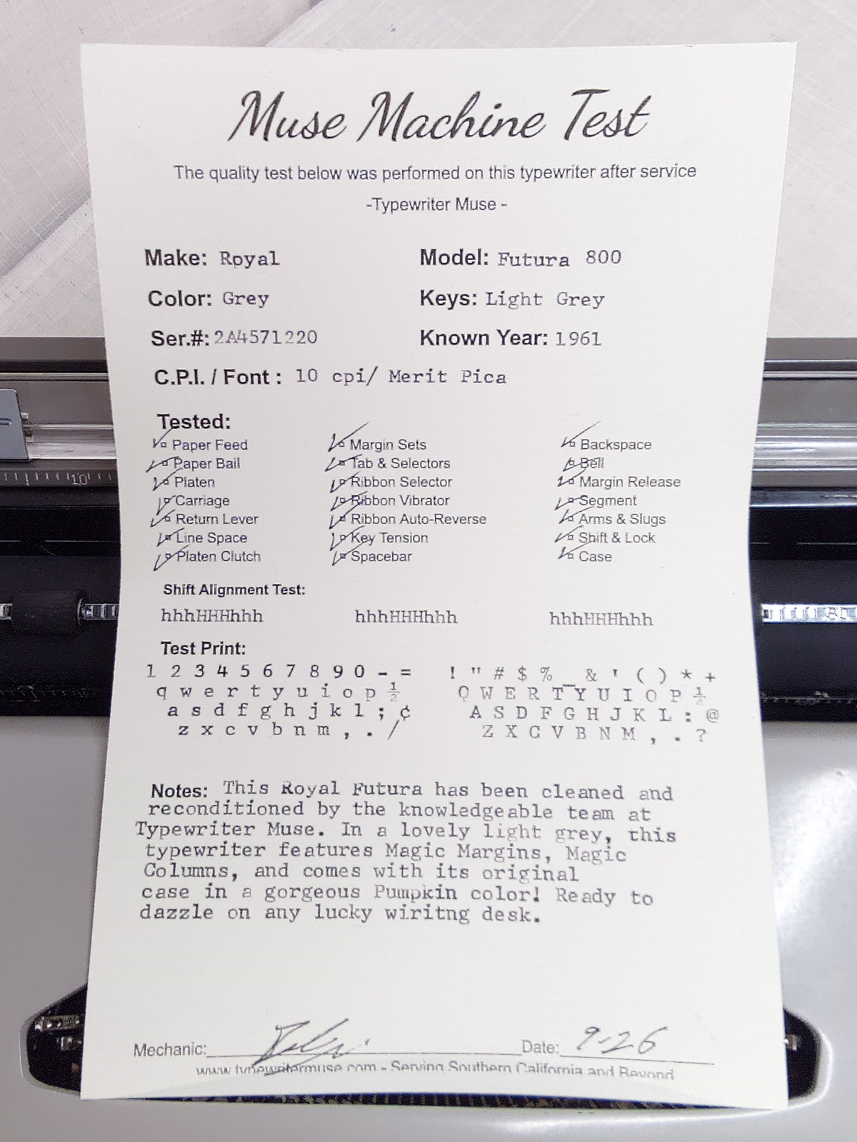 1961 Royal Futura 800 Reconditioned Typewriter