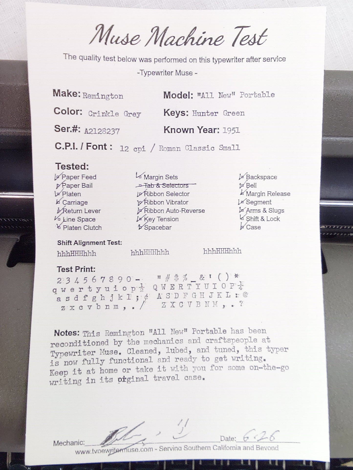 '51 Remington "All New" Portable Model Typewriter
