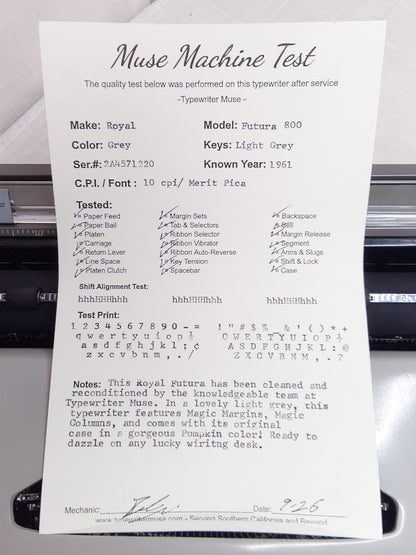 1961 Royal Futura 800 Reconditioned Typewriter