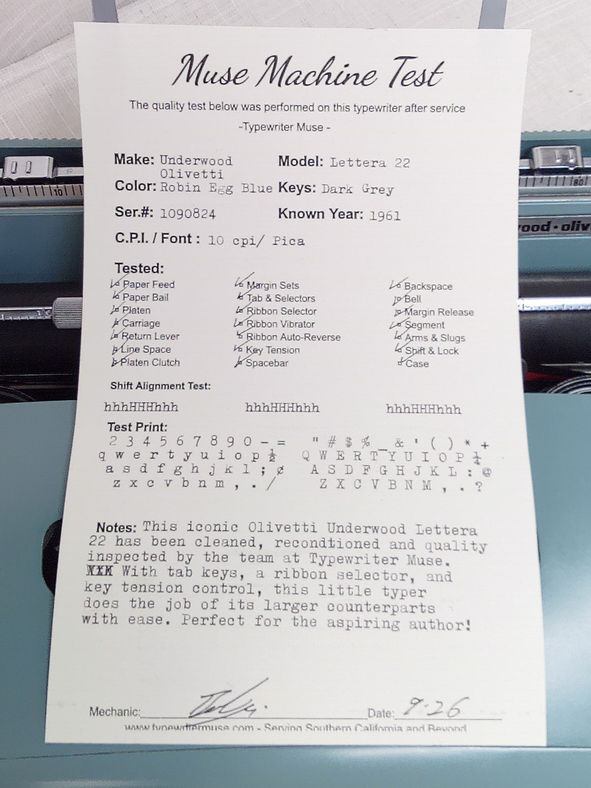 '61 Underwood Olivetti Lettera 22 Reconditioned Typewriter