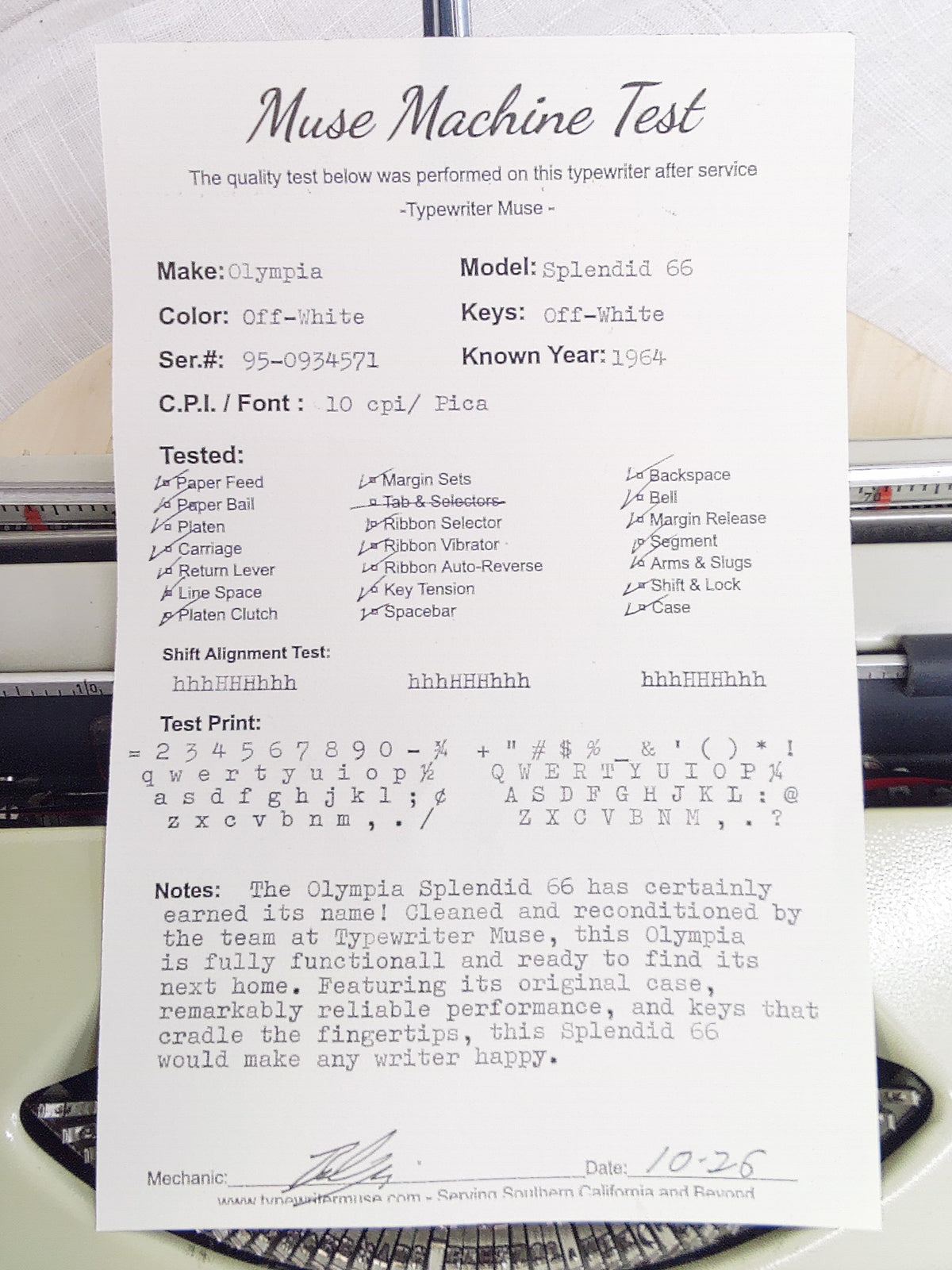 1964 Olympia Splendid Reconditioned Portable Typewriter