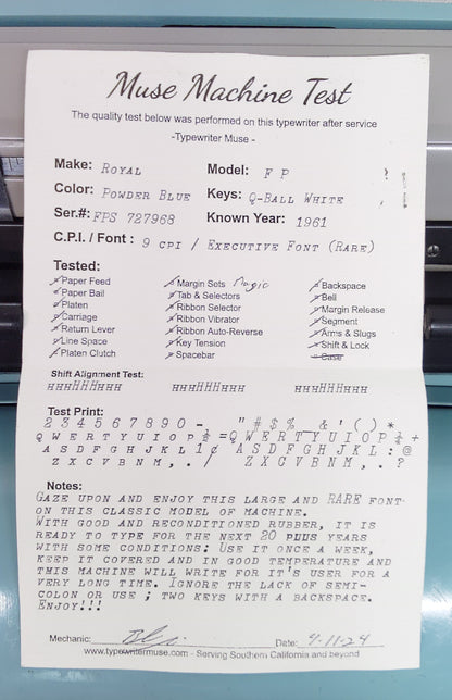Royal FP Vintage Typewriter, 1961 - Working with Rare Font!