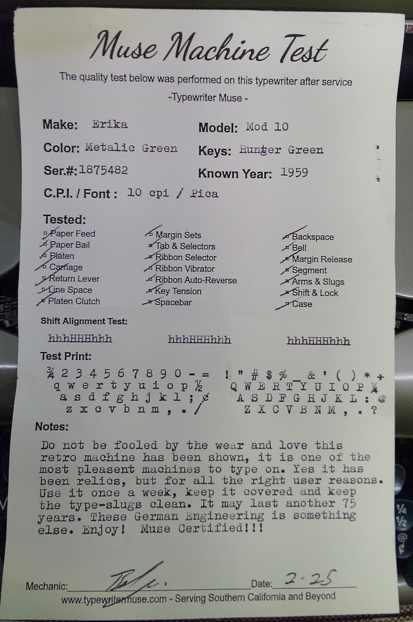 Erika Model 10 Typewriter 1959
